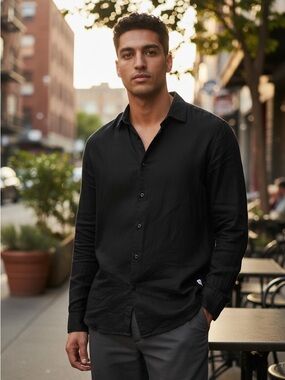 Men's Black Long-Sleeve Linen Button-Down Shirt 16-1/2 Linen Summer